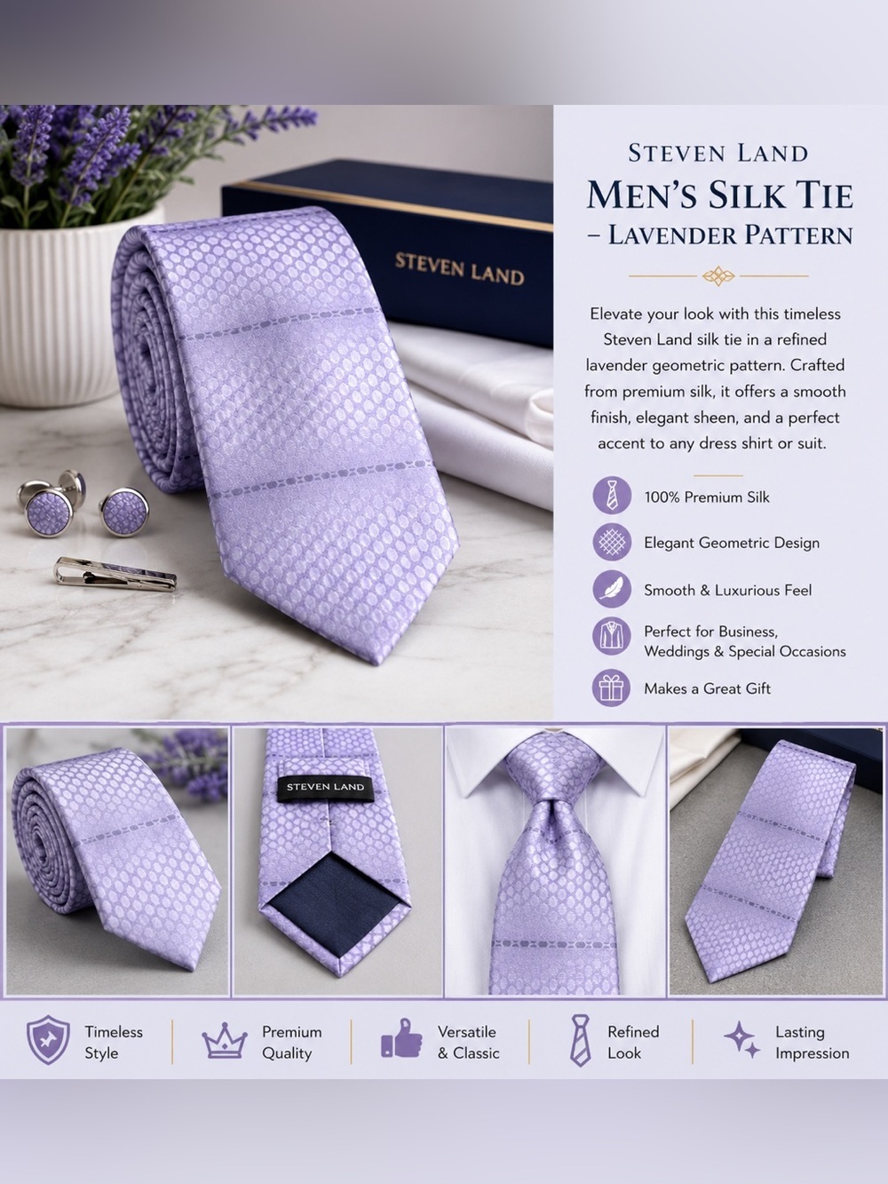 Men’s Silk Tie – Steven Land Classic (Lavender Pattern)